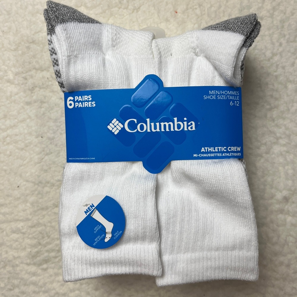 Columbia Mens Athletic Crew Socks 6 Pairs White Grey Shoe‎ Size 6-12 NWT